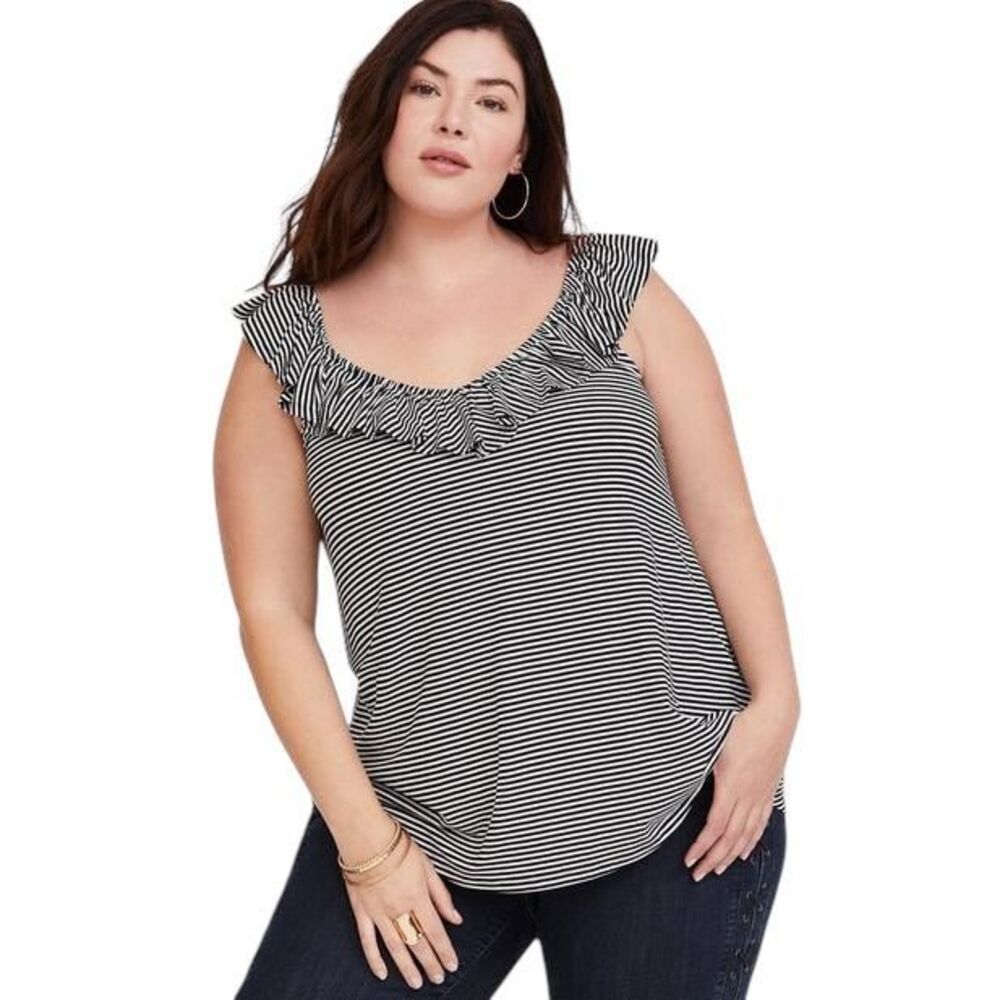 Torrid Plus Size‎ 1X Tank Top Super Soft V Neck Ruffle Black White Striped 1192